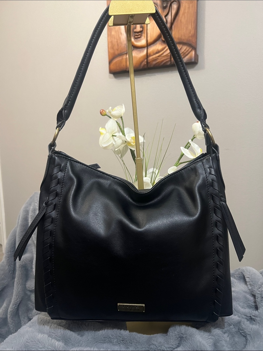 FRYE AND CO. Black Faux Leather Shoulder Hobo with Braided Trim GUC retail: $79